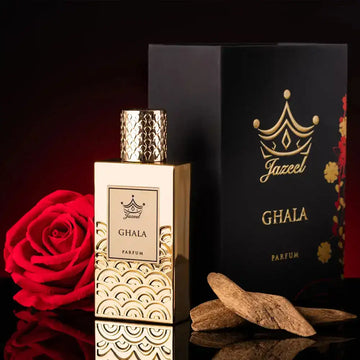 Ghala Eau de Parfum for men and women by Jazeel Perfumes with elegant packaging and floral accents