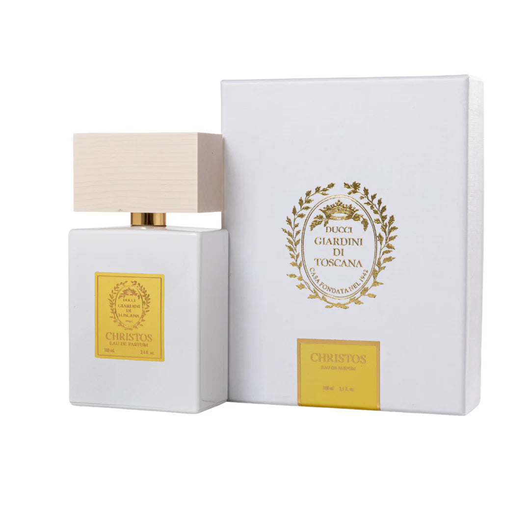 Giardini Di Toscana Christos EDP perfume bottle with white and gold packaging