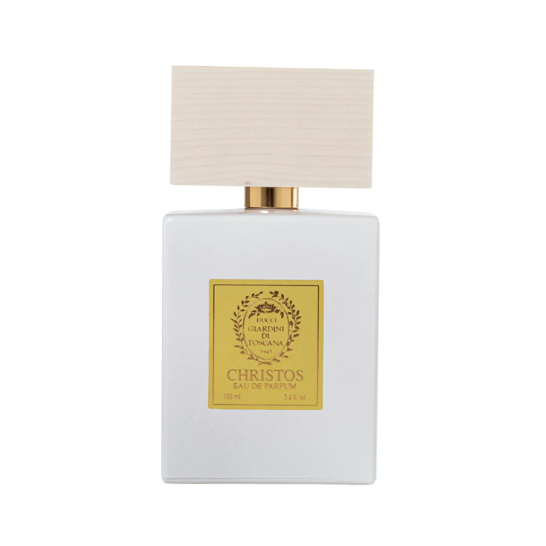 Giardini Di Toscana Christos EDP perfume bottle with white and gold packaging