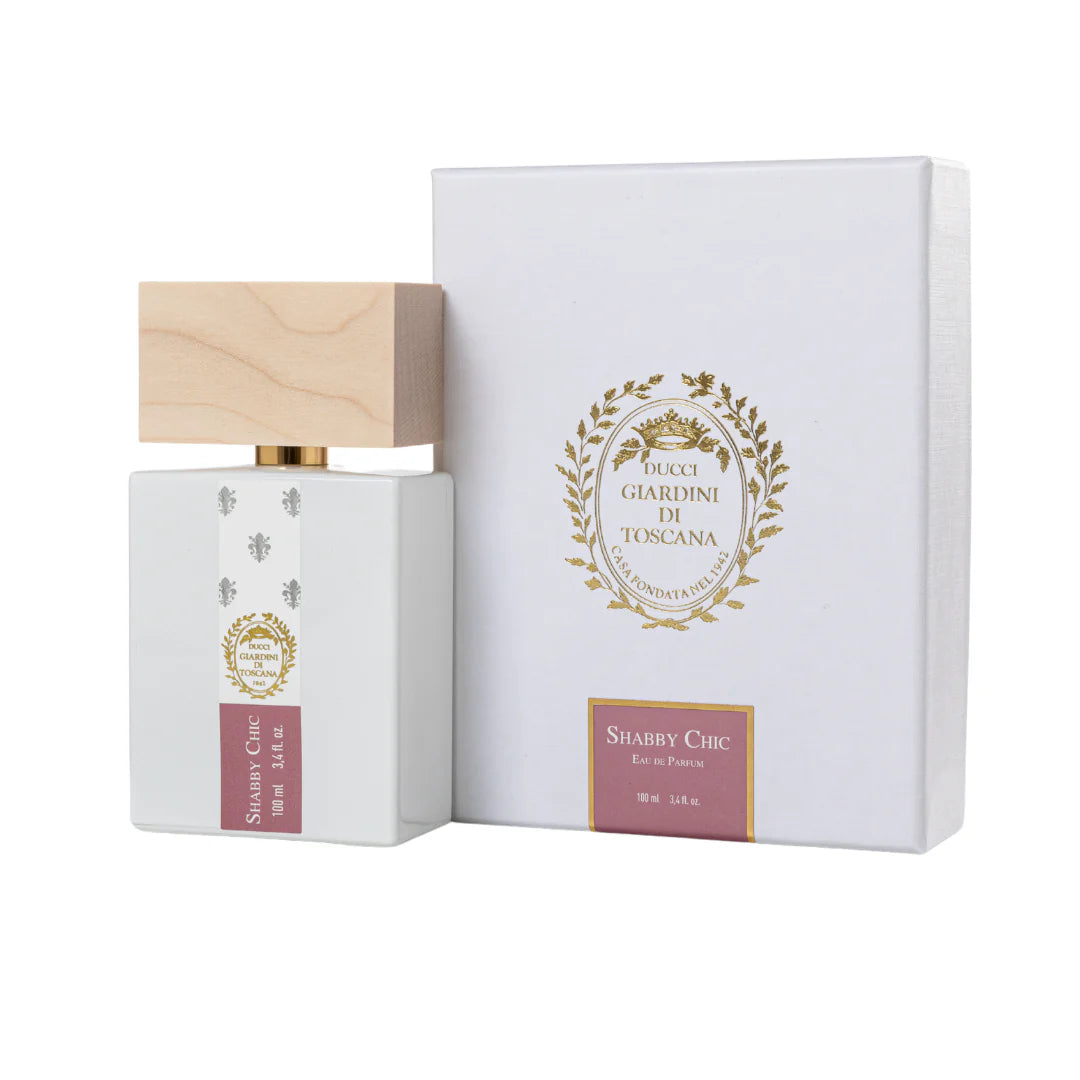Giardini Di Toscana Shabby Chic perfume bottle with rectangular white design and wooden cap