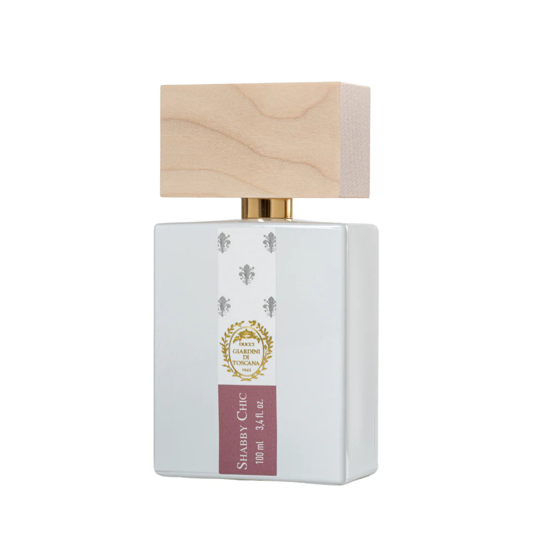 Giardini Di Toscana Shabby Chic perfume bottle with rectangular white design and wooden cap