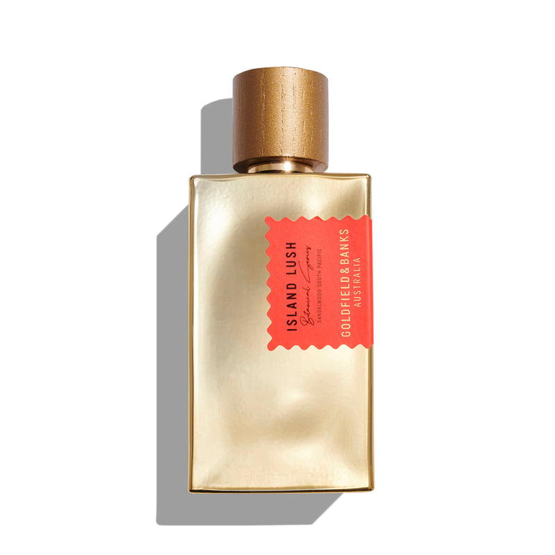 Goldfield & Banks Island Lush fragrance 100ml in a gold rectangular bottle with wooden cap