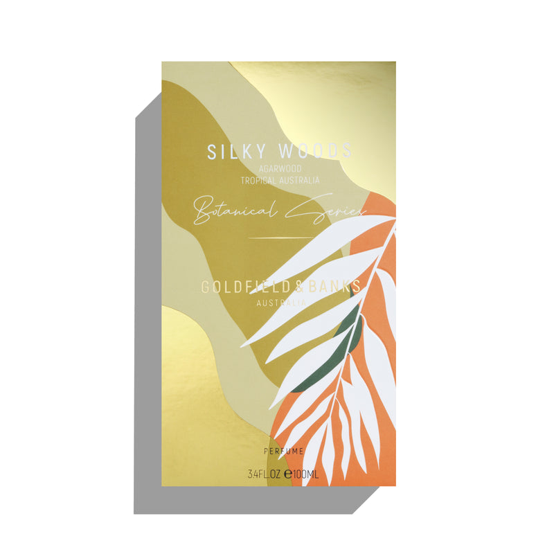Goldfield & Banks Silky Woods perfume 100ml in a sleek gold rectangular bottle with wooden cap