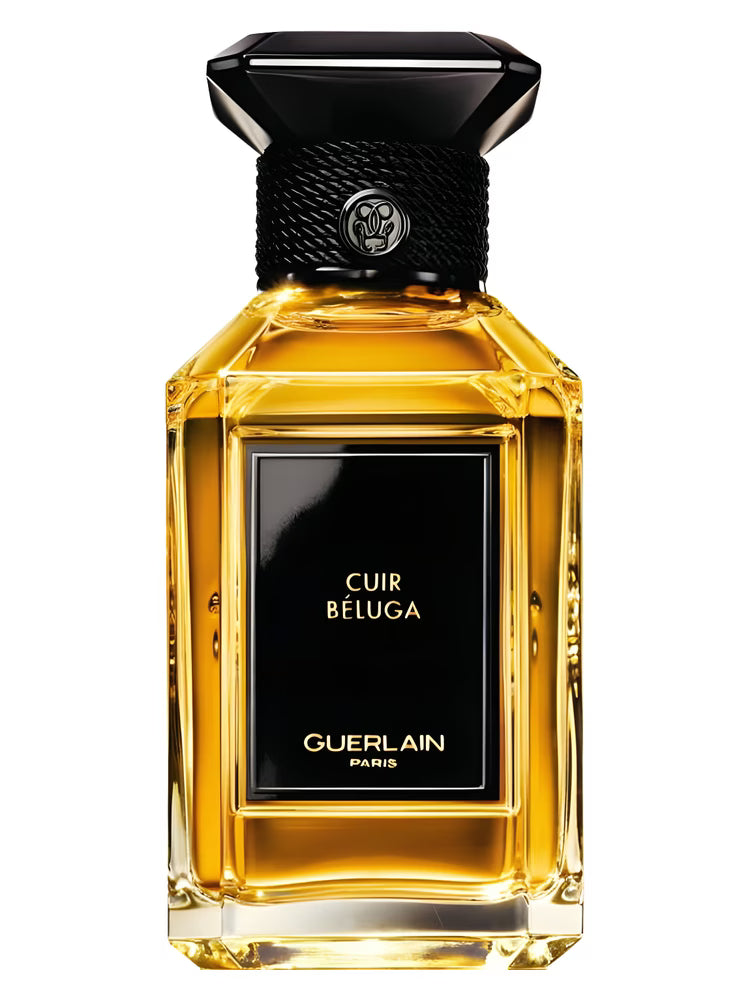 Guerlain Cuir Beluga perfume in a sleek bottle with a rich golden liquid for a luxurious scent experience