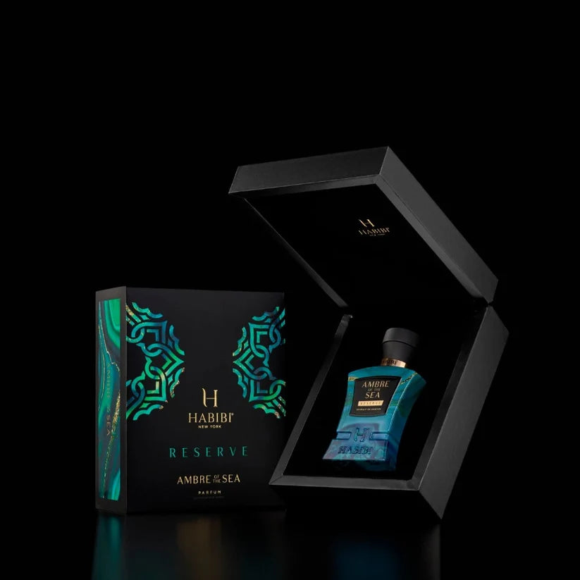 HABIBI NEW YORK Ambre Of The Sea fragrance bottle with dark green marble design and black cap