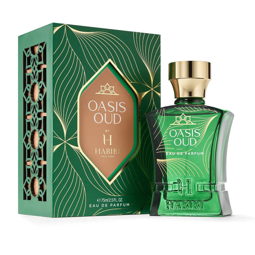 Oasis Oud perfume by HABIBI NEW YORK green glass bottle with gold cap on a natural rock with water splash