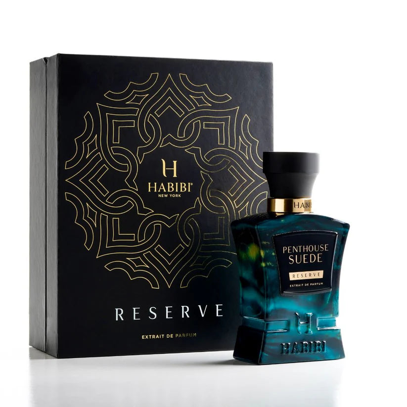 HABIBI NEW YORK Penthouse Suede fragrance bottle with spices and wooden sticks on white fabric