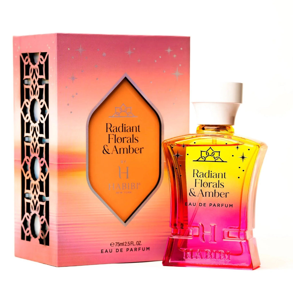 HABIBI NEW YORK Radiant Florals & Amber perfume bottle with pink and orange gradient packaging