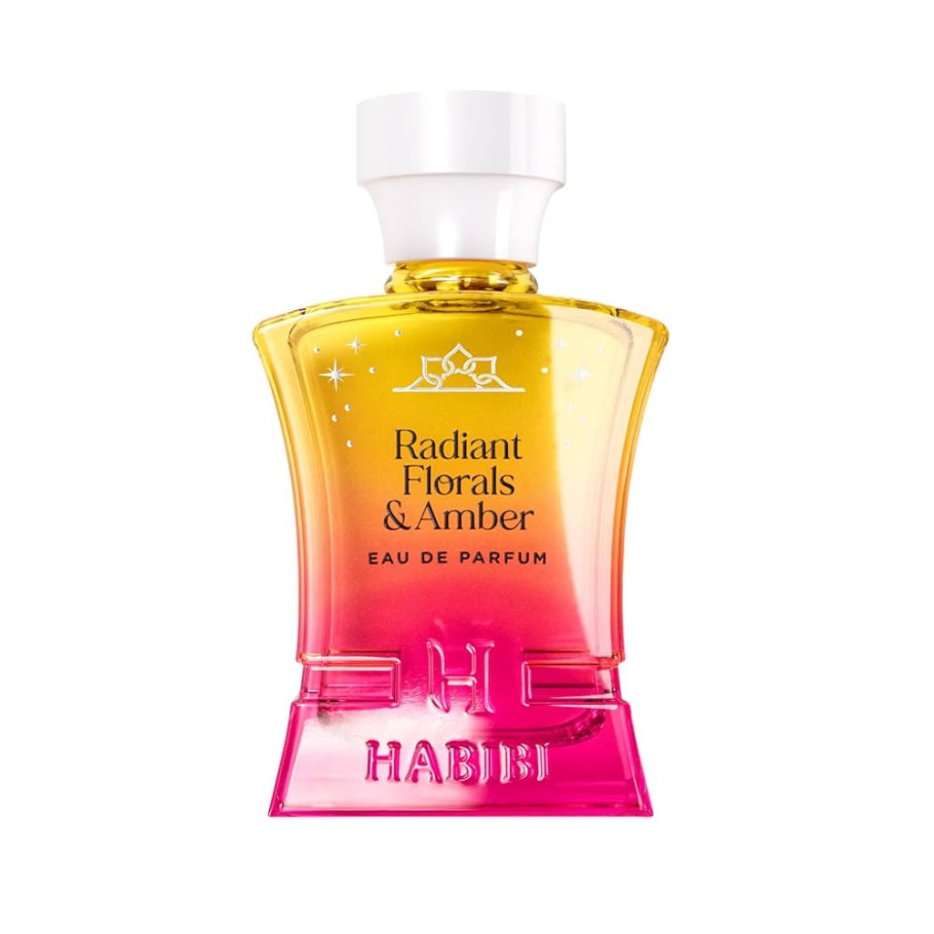 HABIBI NEW YORK Radiant Florals & Amber perfume in a pink and yellow gradient glass bottle with white cap