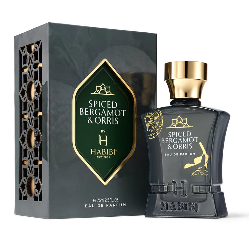 HABIBI NEW YORK Spiced Bergamot and Orris perfume bottle with gold cap displayed on white stones