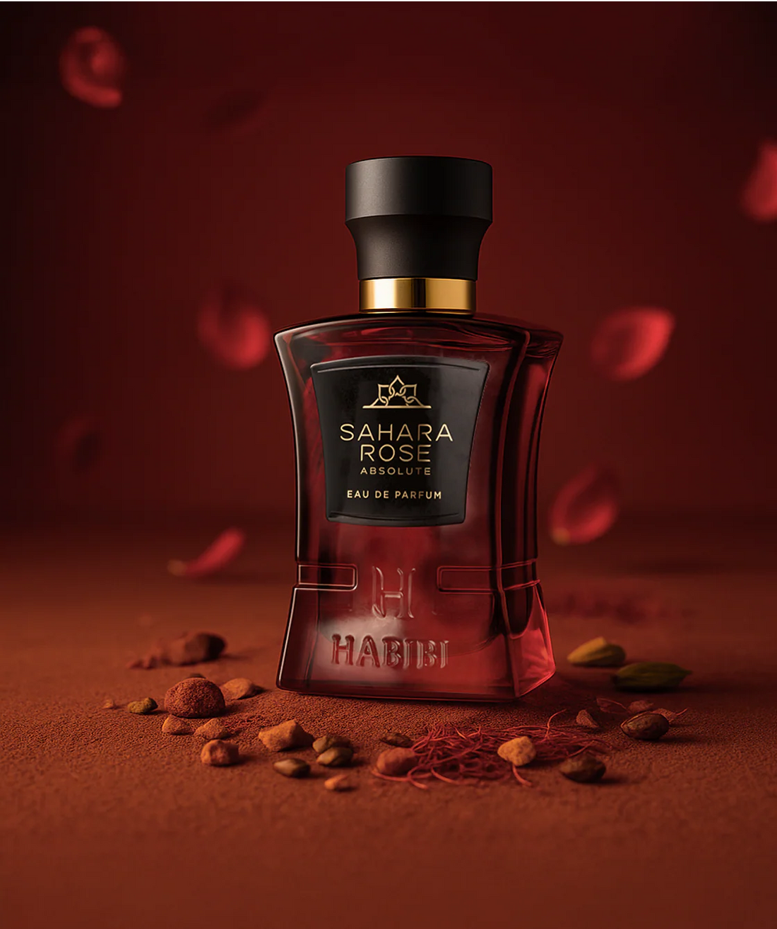 HABIBI NEW YORK Sahara Rose Absolute perfume bottle and red packaging for eau de parfum