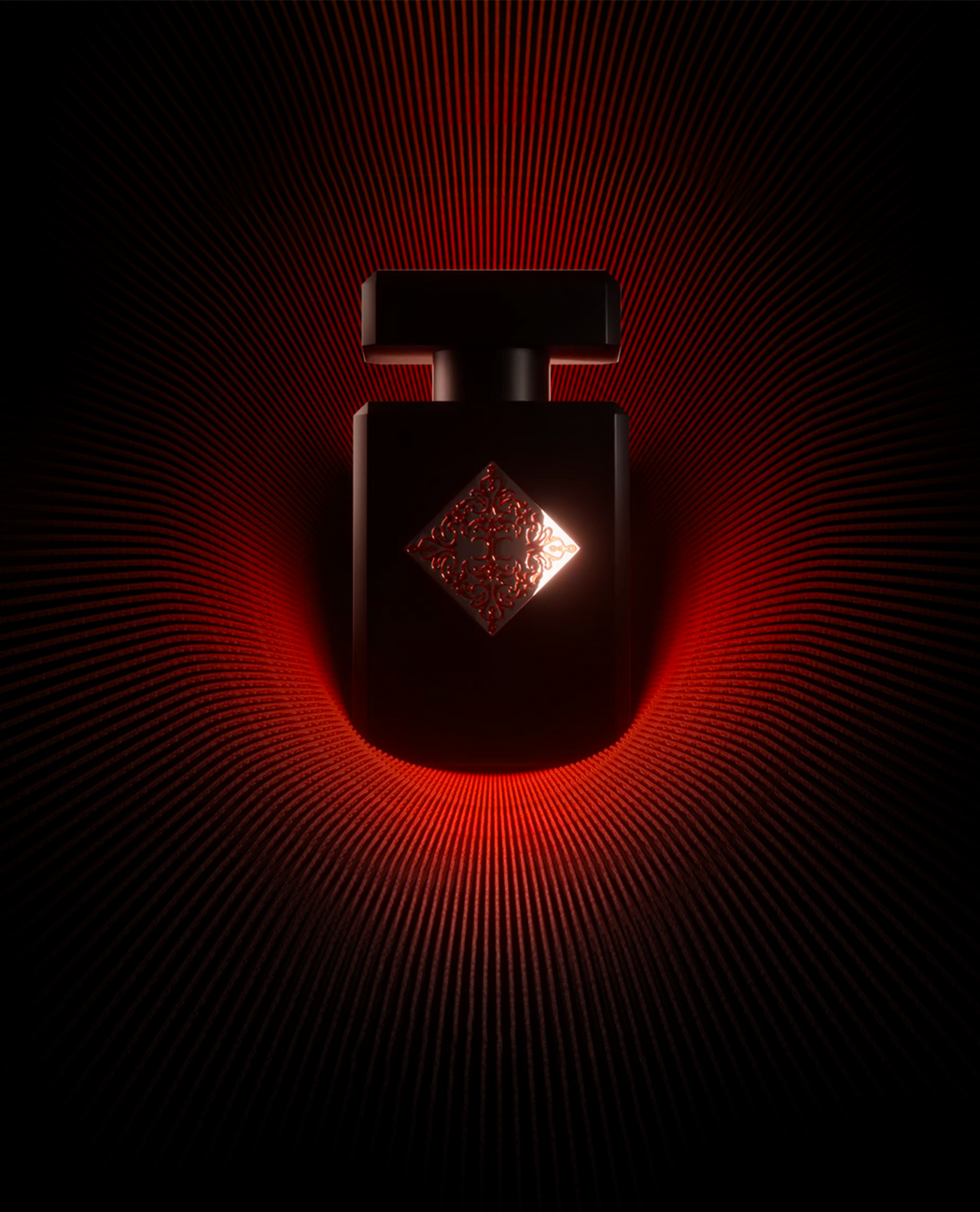 Initioparfums Addictive Vibration fragrance black bottle with red glowing pattern background
