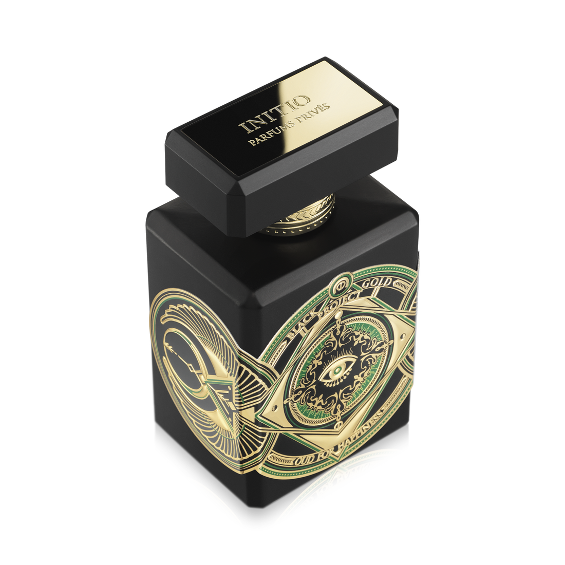Initioparfums Oud for Happiness perfume black bottle with gold and green intricate design