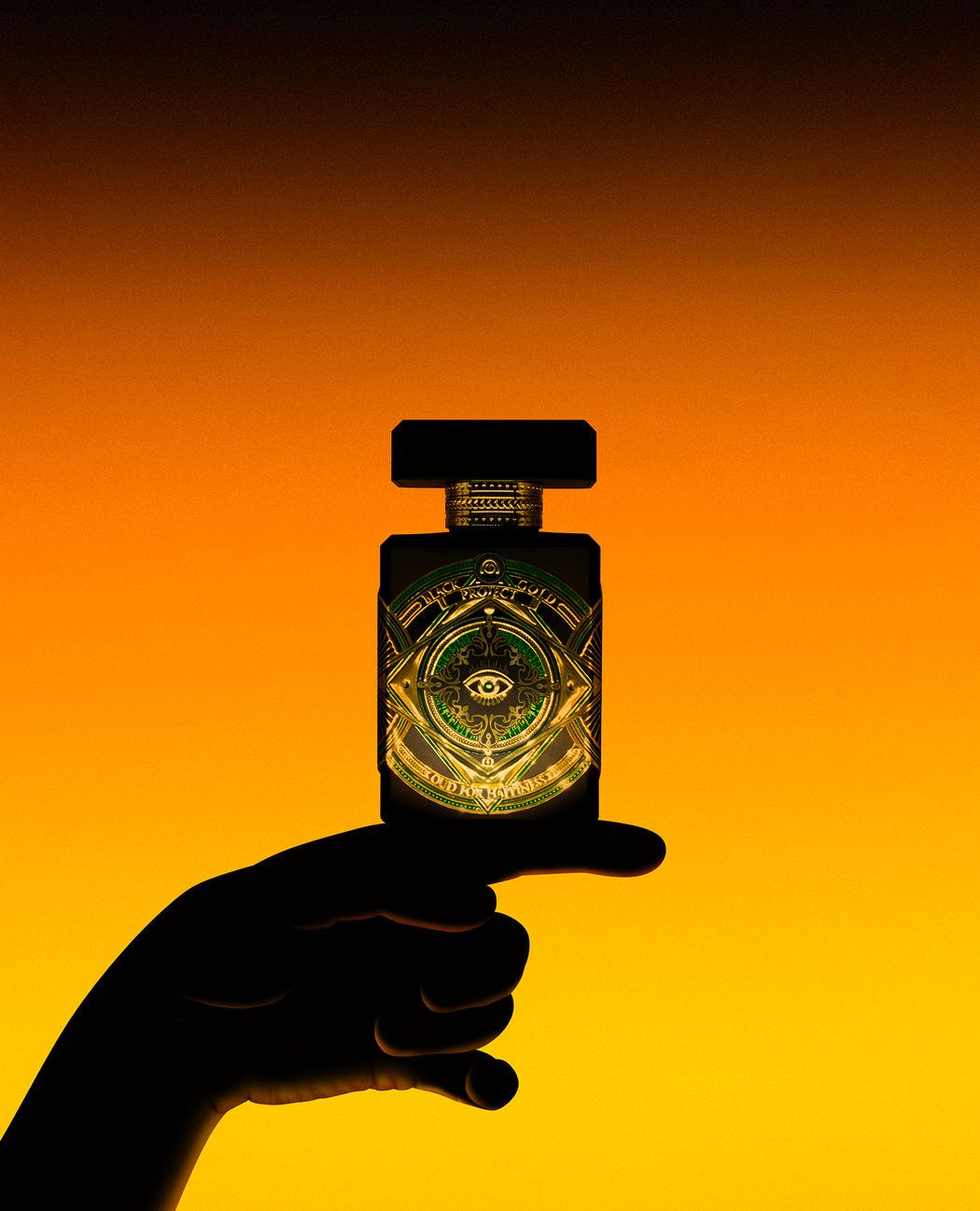 Initioparfums Oud for Happiness perfume black bottle with gold and green intricate design