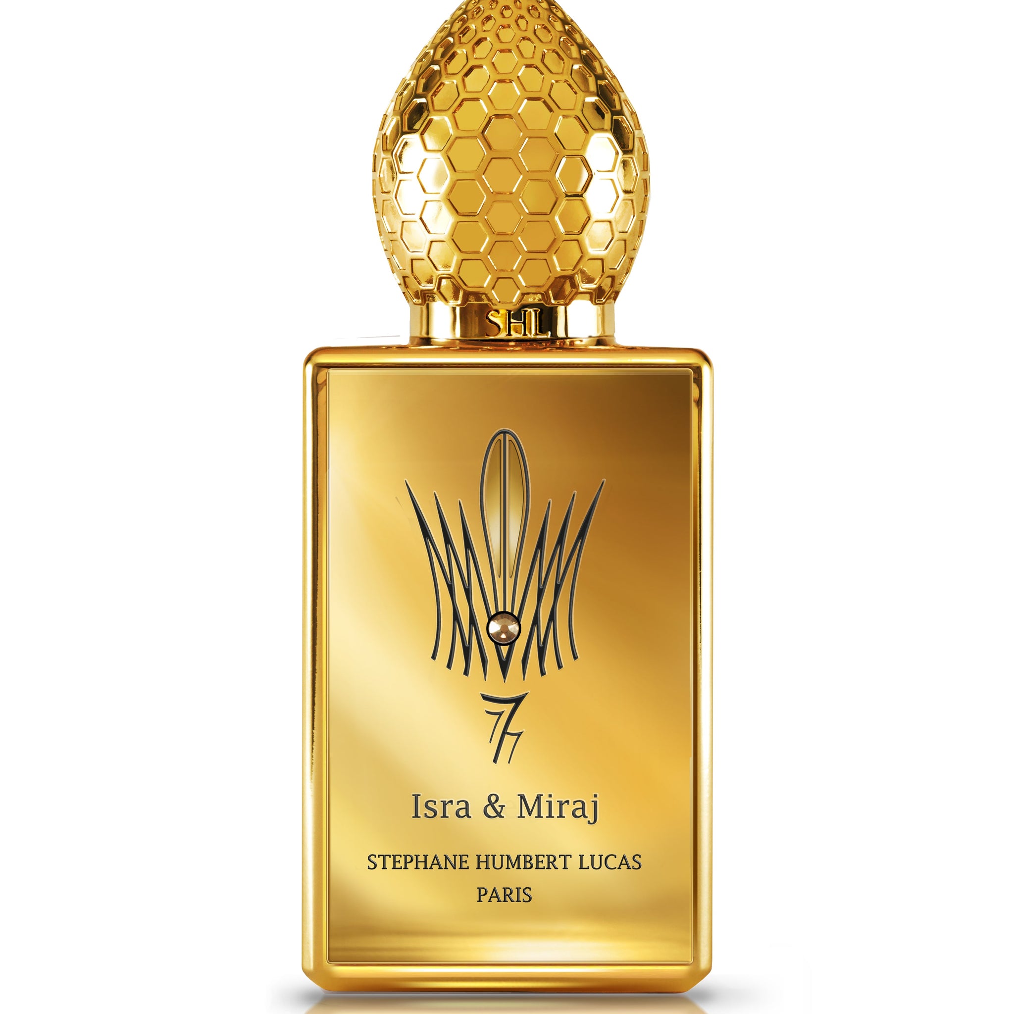 Stephane Humbert Lucas Isra & Miraj perfume bottle in luxurious gold with honeycomb cap design