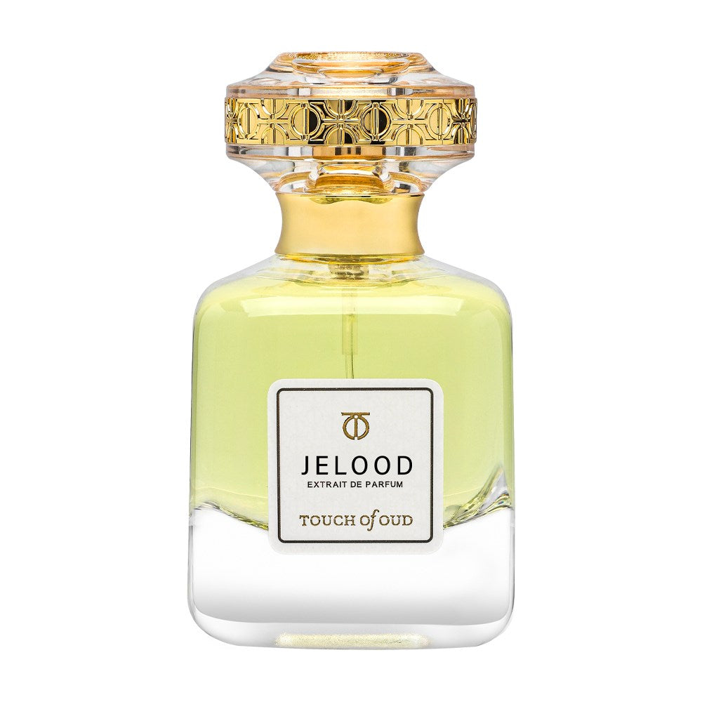 Touch Of Oud Jelood perfume in a clear bottle with gold decorative cap and light yellow fragrance