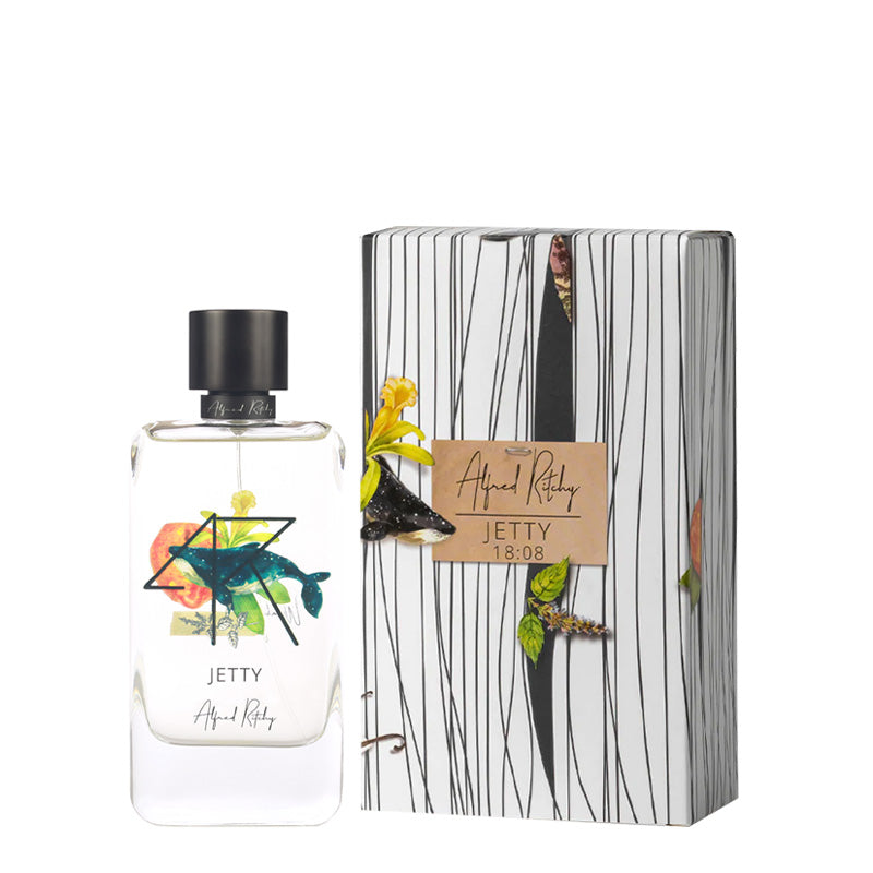 ALFRED RITCHY Jetty niche perfume bottle with floral design and matching striped gift box
