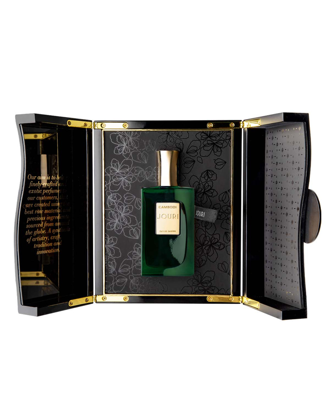 Jouri Cambodi EDP 50ml perfume bottle with dark green glass and gold cap