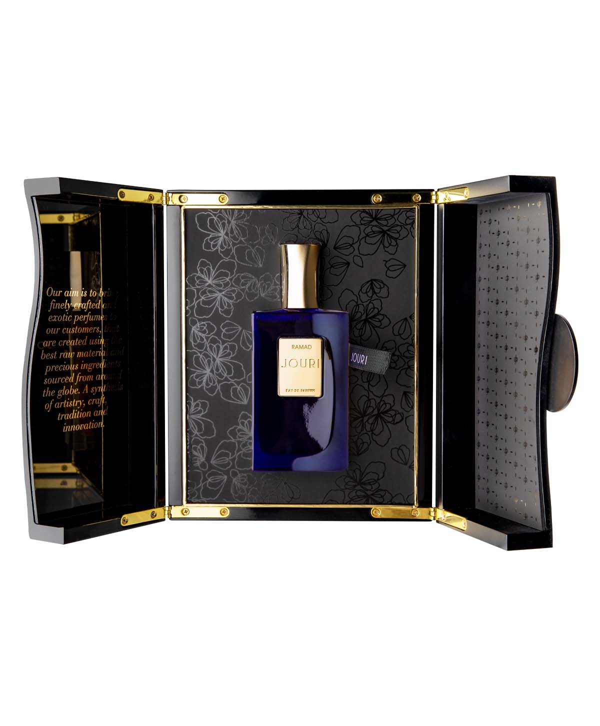 Jouri Ramad perfume 50ml bottle in elegant black and gold presentation box with floral interior design