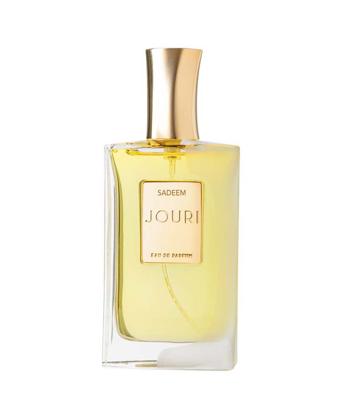 Jouri Sadeem perfume 50ml bottle with golden cap and clear glass container