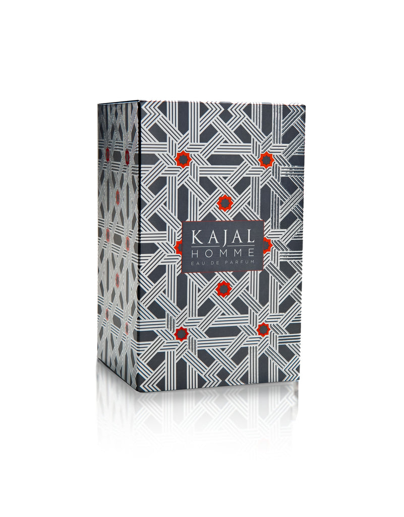 Kajal Homme perfume for men packaged in a black and white geometric patterned box with red accents