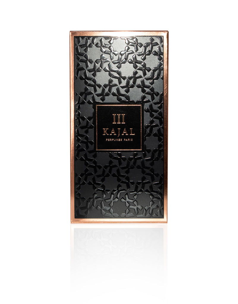 Kajal III Eau de Parfum 100ml black and rose gold embossed perfume box by Kajal Perfumes