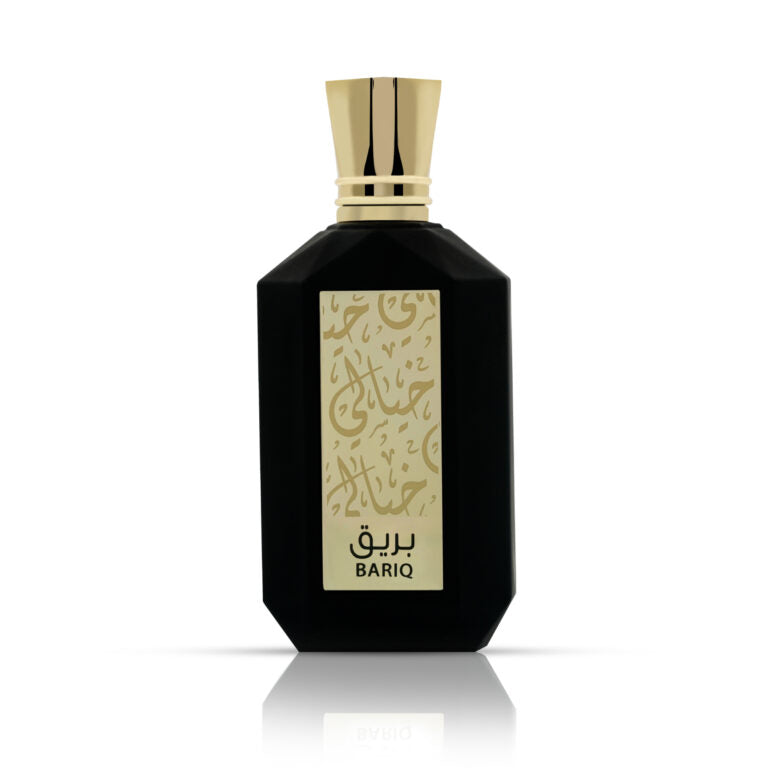 Khayali Bariq perfume in an elegant black bottle with a gold top and intricate design
