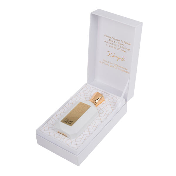 Khayali Sugar Dream perfume in a sleek white bottle with elegant gold accents inside a gift box