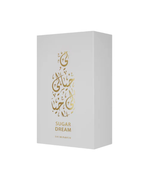 Khayali Sugar Dream perfume box featuring elegant design and gold accents on white packaging