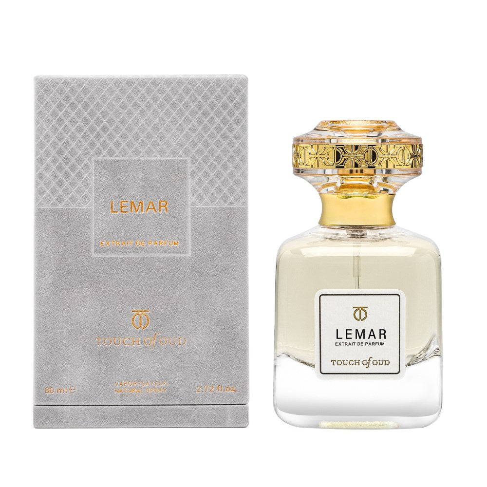 Touch Of Oud Lemar Extrait 80ml perfume bottle with gold decorative cap and clear glass design