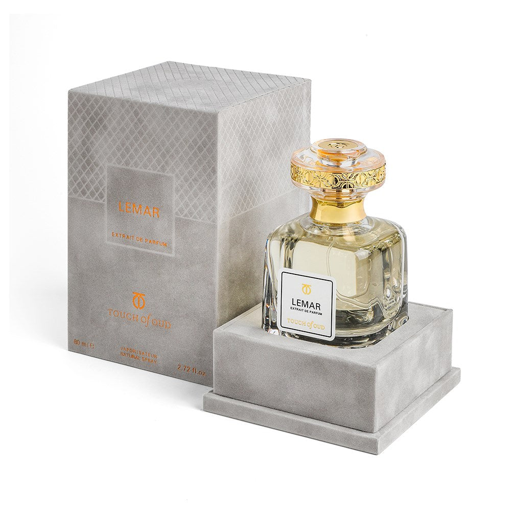 Touch Of Oud Lemar Extrait 80ml perfume in a clear ornate glass bottle with luxury grey packaging