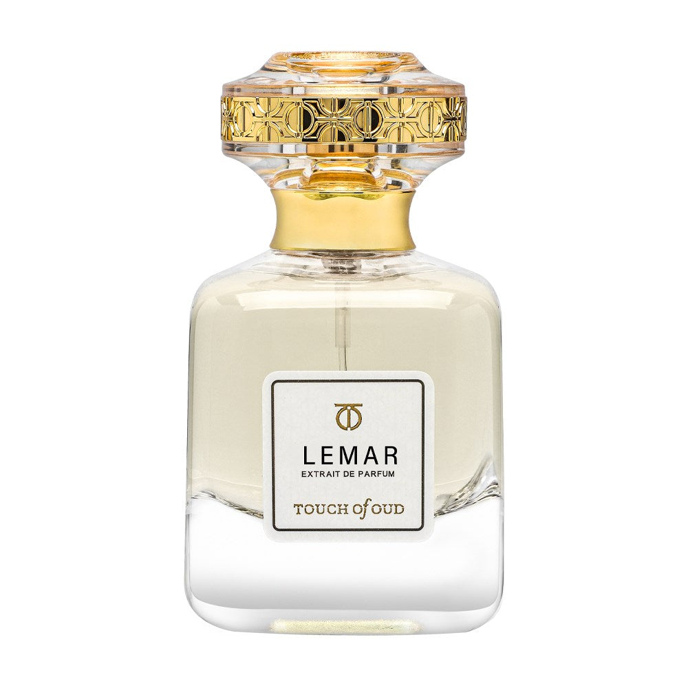 Touch Of Oud Lemar Extrait 80ml perfume bottle with gold decorative cap and clear glass design