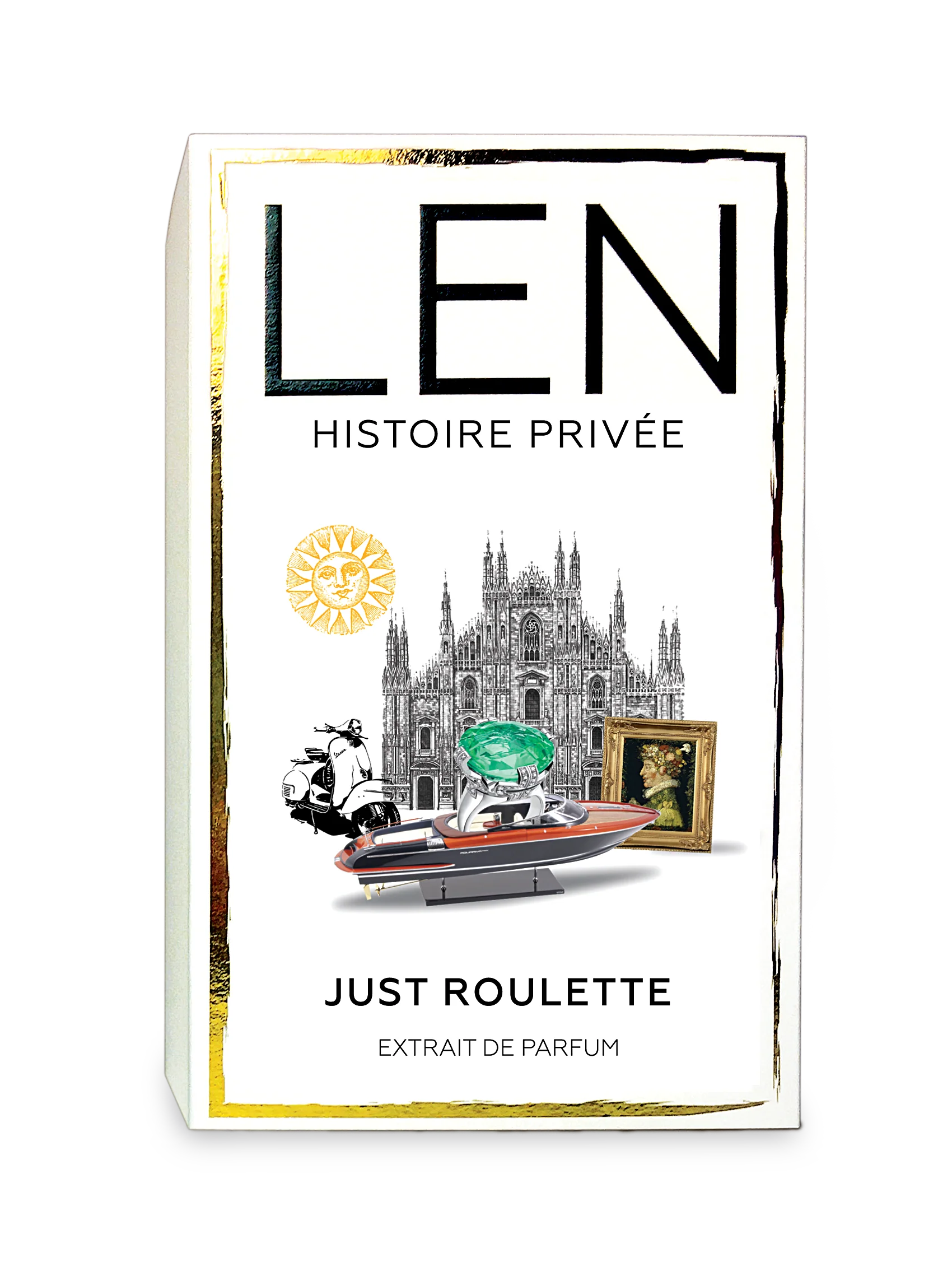 LEN FRAGRANCES Just Roulette Extrait de Parfum perfume box with luxury design and artistic illustrations