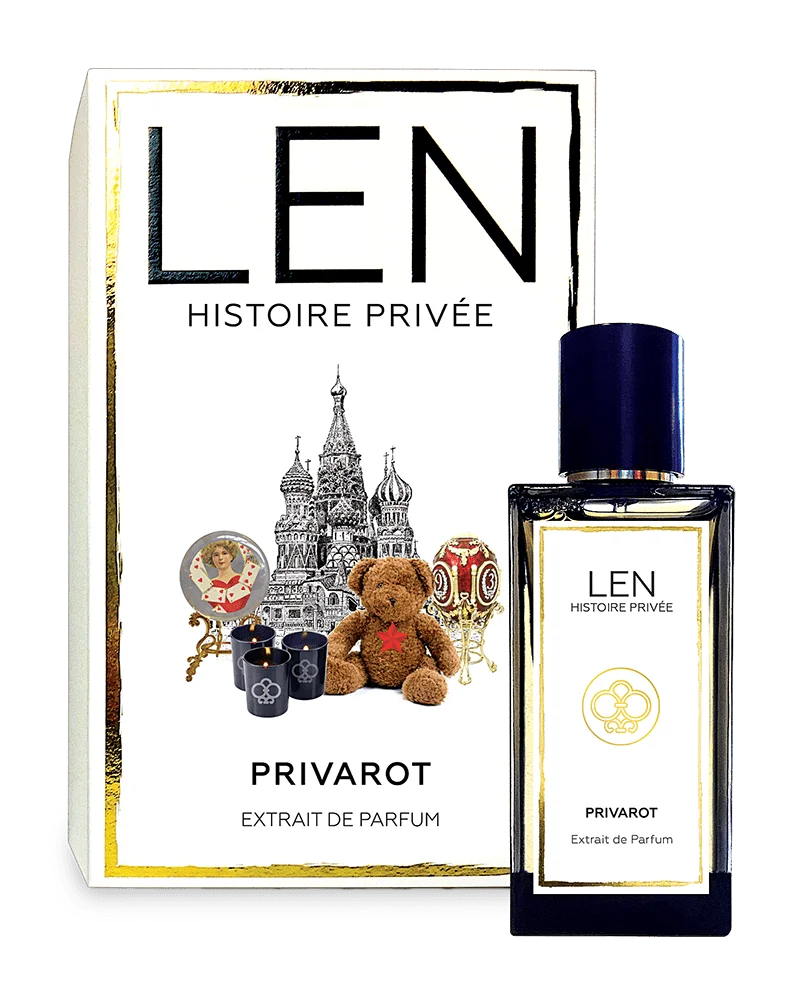 LEN FRAGRANCES PRIVAROT extrait de parfum with decorative white and gold box and dark blue bottle