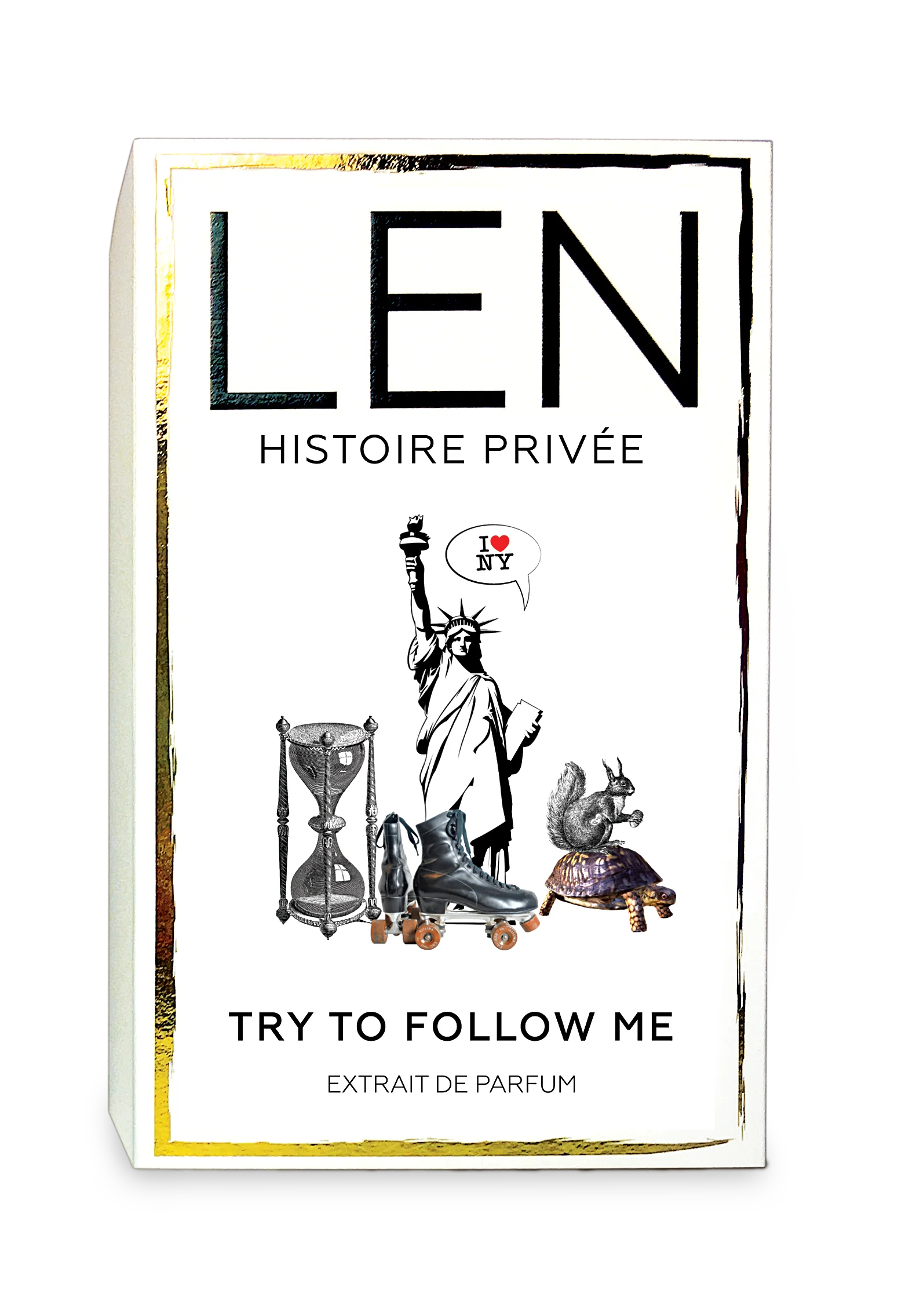 LEN FRAGRANCES TRY TO FOLLOW ME perfume review box with Statue of Liberty and vintage roller skates design