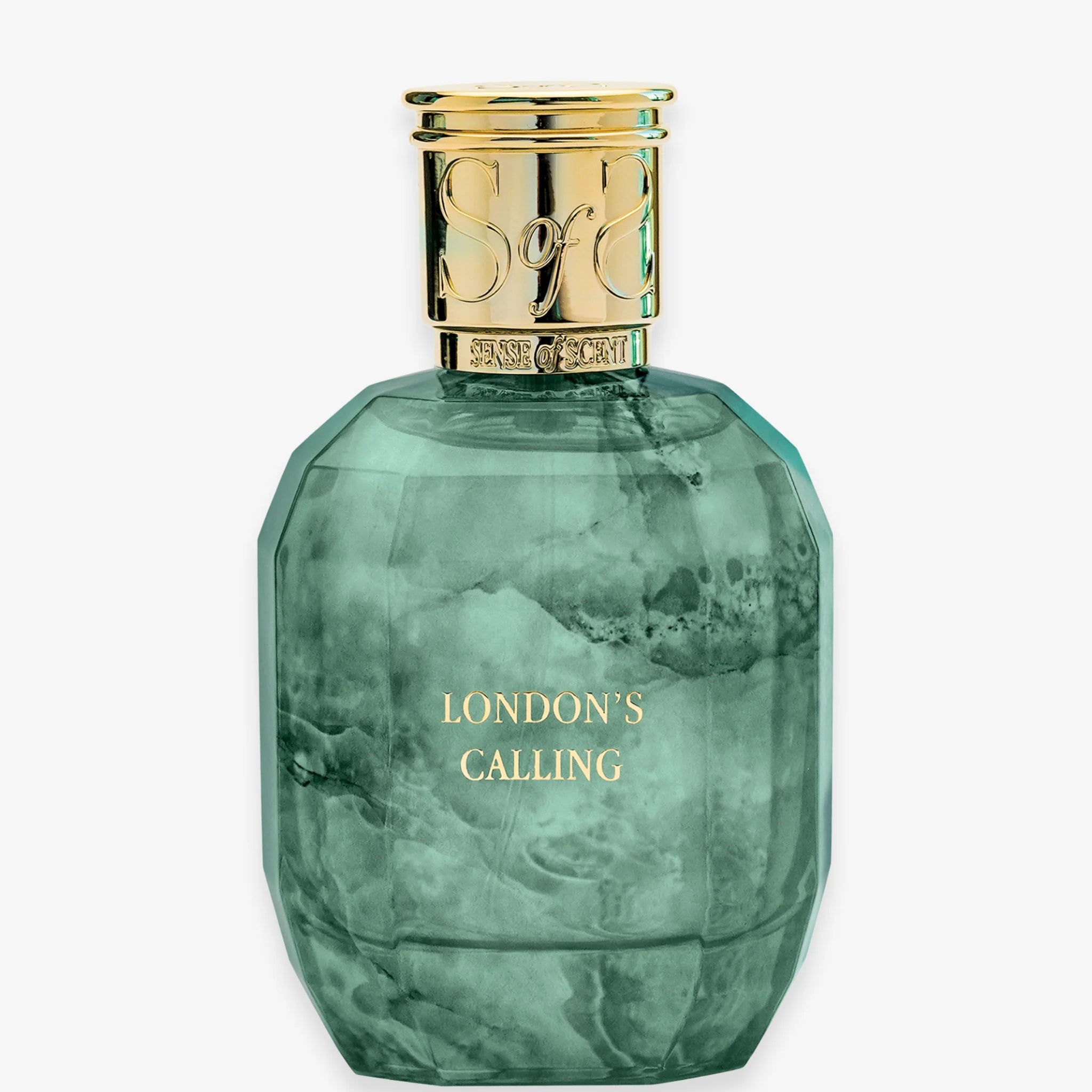 London's Calling niche perfume by Sense of Scent in a green marbled glass bottle with gold cap