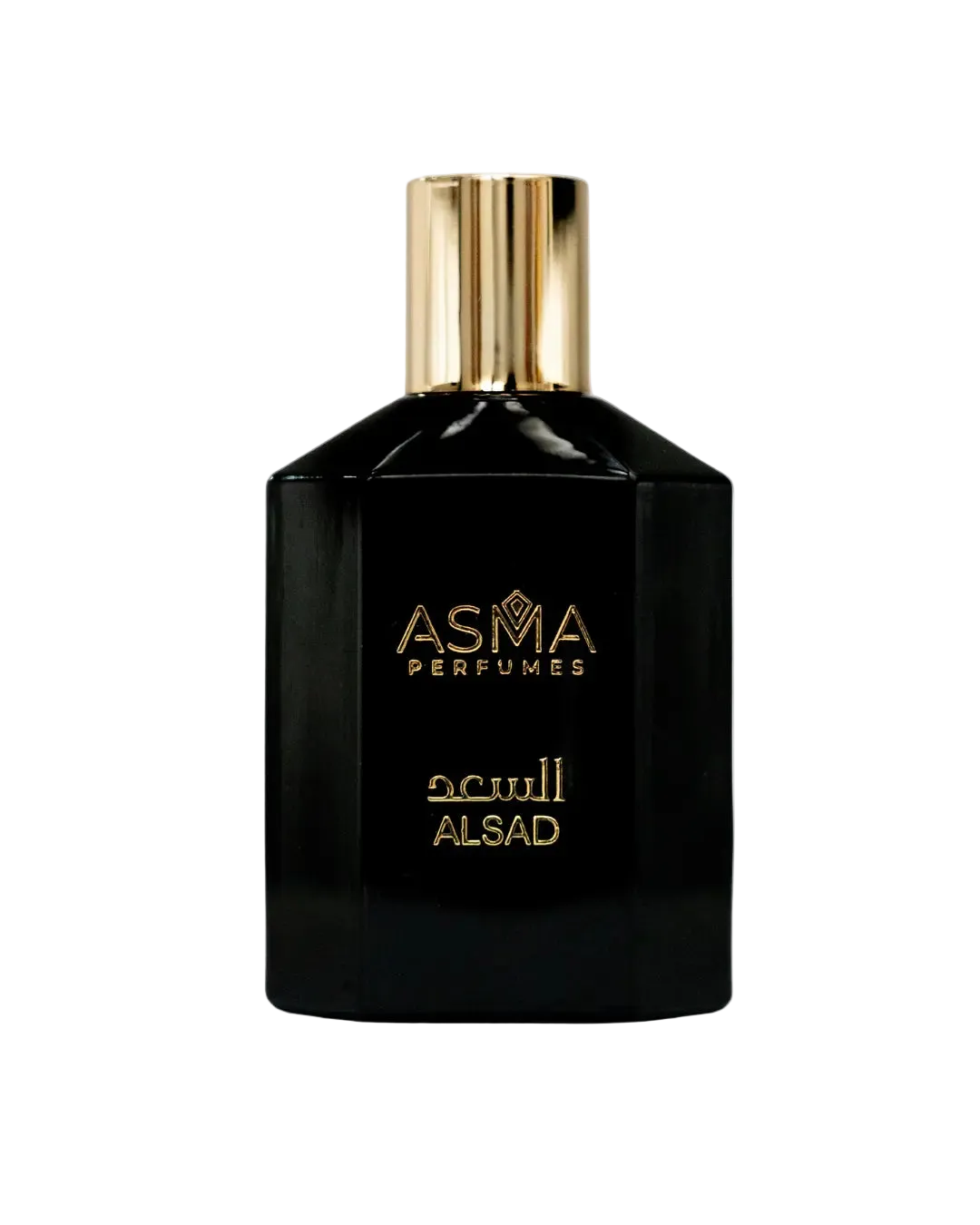 Alsad perfume by Maison Asma, a black faceted glass bottle with a gold collar cap, Black Collection