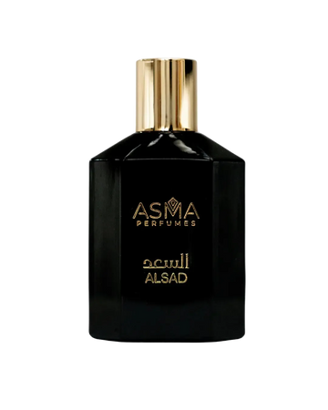 Alsad perfume by Maison Asma, a black faceted glass bottle with a gold collar cap, Black Collection