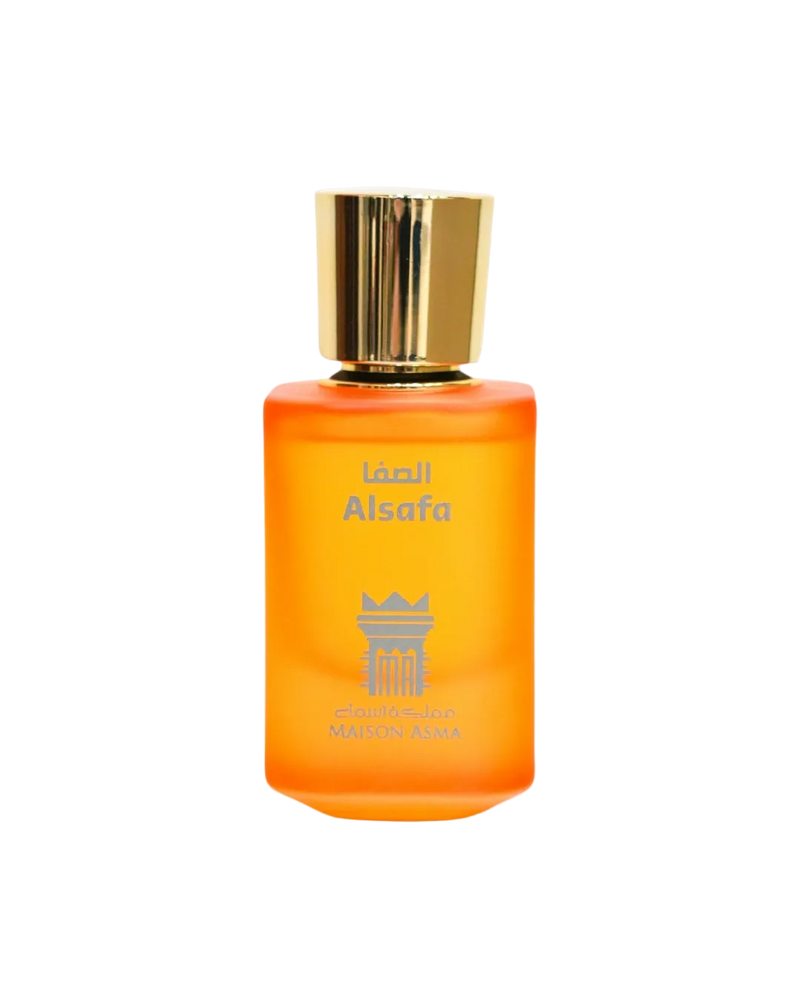 Alsafa – A Weekend in Safa Park by Maison Asma, a frosted orange glass bottle with a faceted gold cap