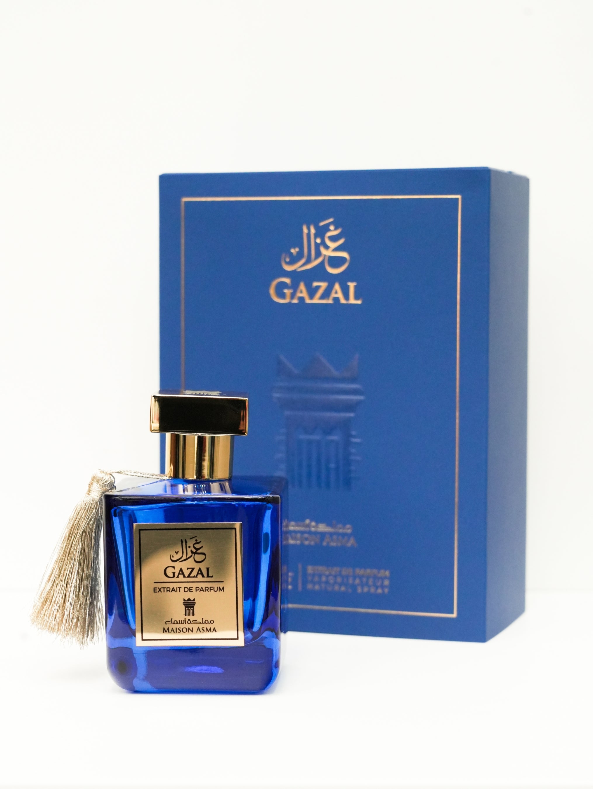 Gazal perfume by Maison Asma in blue glass bottle with gold label and matching blue box packaging