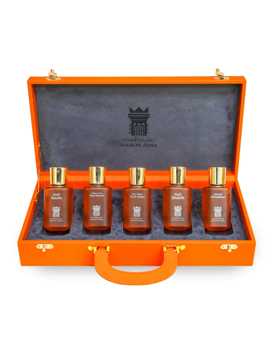Maison Asma Heritage Collection Box with five luxury perfume bottles in an elegant orange case