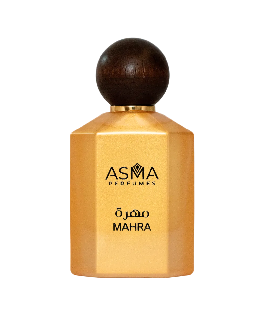 Mahra perfume by Maison Asma, a gold faceted glass bottle with a round wooden ball cap
