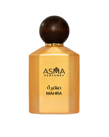 Mahra perfume by Maison Asma, a gold faceted glass bottle with a round wooden ball cap