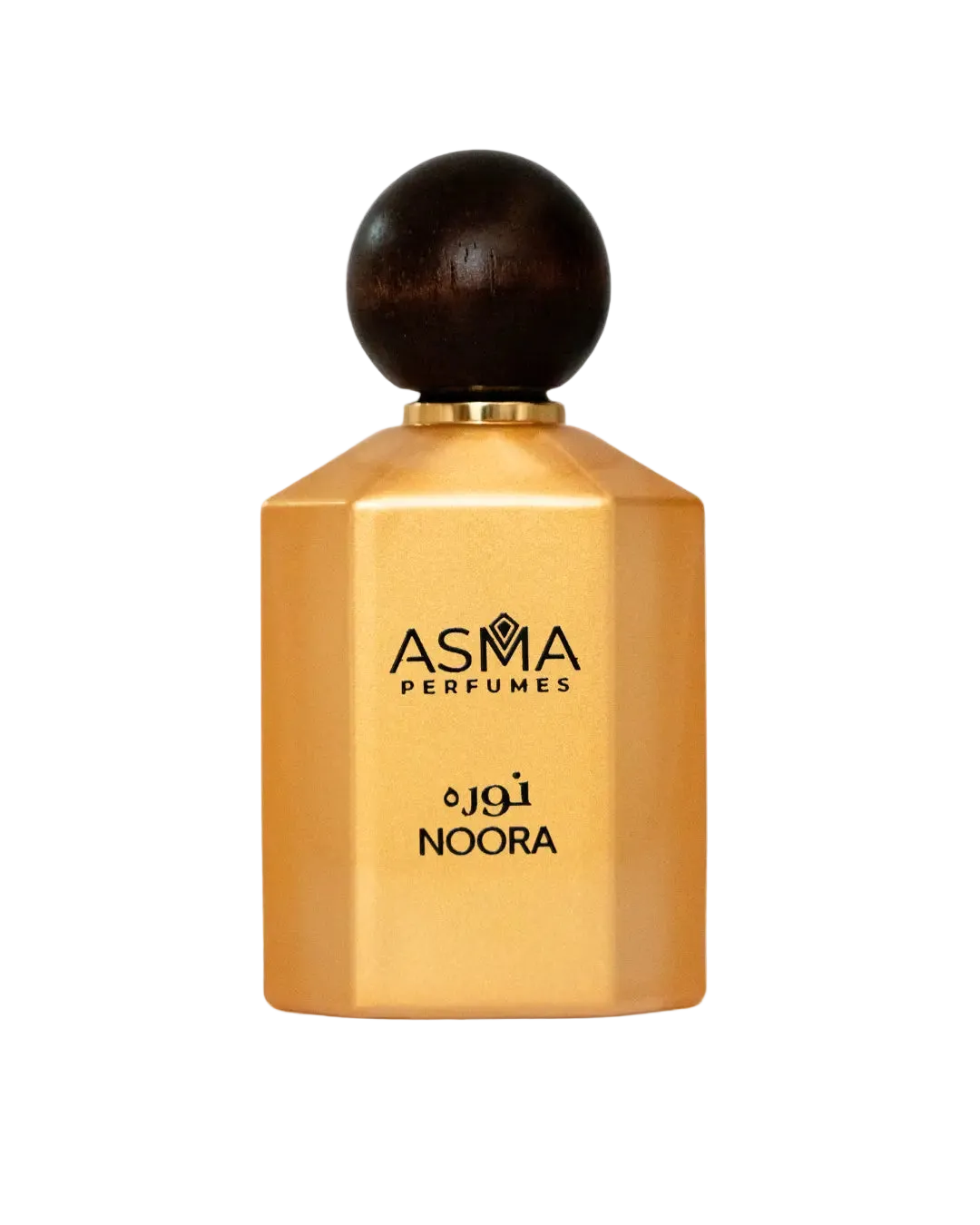 Noora perfume by Maison Asma, a gold faceted glass bottle with a round wooden ball cap, Golden Collection