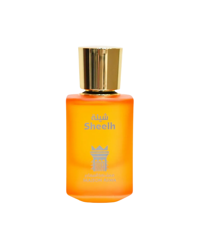 Sheelah – Her Mother's Scented Veil by Maison Asma, a frosted orange glass bottle with a faceted gold cap