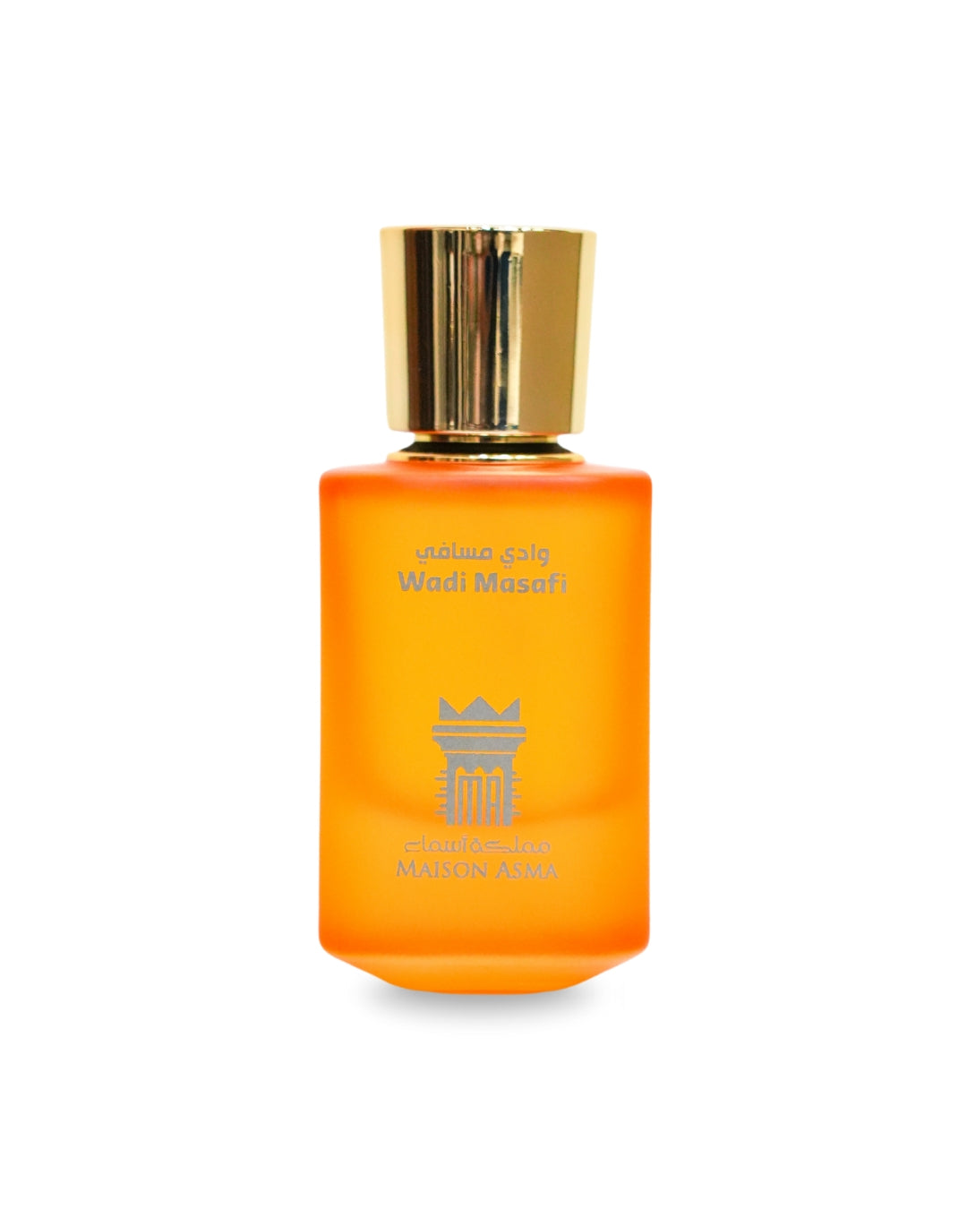 Maison Asma Wadi Masafi niche perfume in an elegant orange frosted glass bottle with gold cap