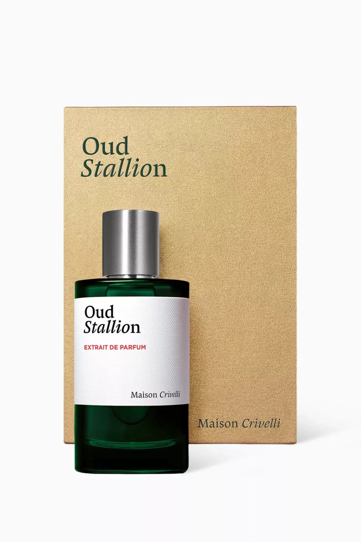 Maison Crivelli Oud Stallion Extrait de Parfum in a green glass bottle with a sleek design