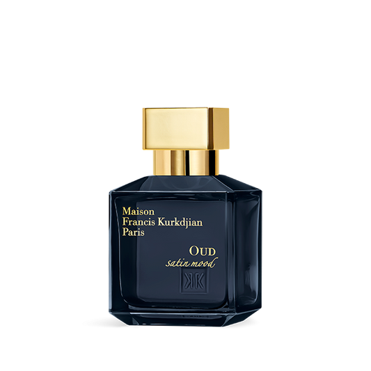 Maison Francis Kurkdjian Oud Satin Mood perfume bottle with dark blue glass and gold cap