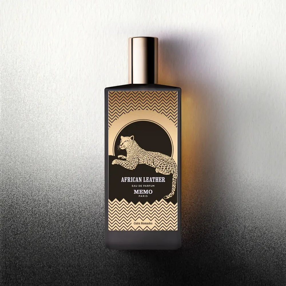 Memo African Leather perfume Dubai in elegant bottle featuring a leopard design and gold accents