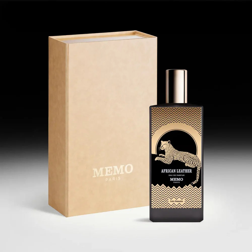 Memo African Leather perfume Dubai in elegant bottle featuring a leopard design and gold accents